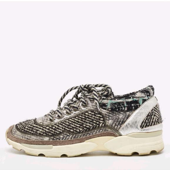 Chanel Silver/Black PVC and Tweed Low Top Sneakers Size 36 - Picture 1 of 7